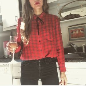 Madewell pussybow red blouse velvet Alexa Chung